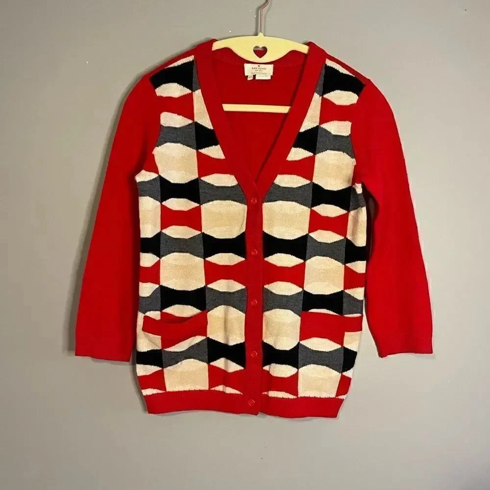 Kate Spade Red Abstract/Geometric Cardigan Wool/Cashmere 3/4 Sleeves | SZ XXS